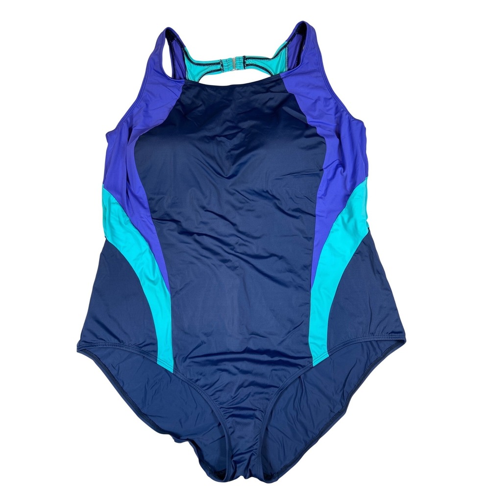 Swim‎ 365 Womens Plus Size 34 One Piece Swimsuit Colorblock Navy Purple Teal